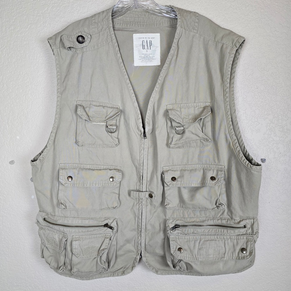 Vintage Gap Vest Mens Medium Beige Cotton Utility Safari Fishing Outdoor 90s